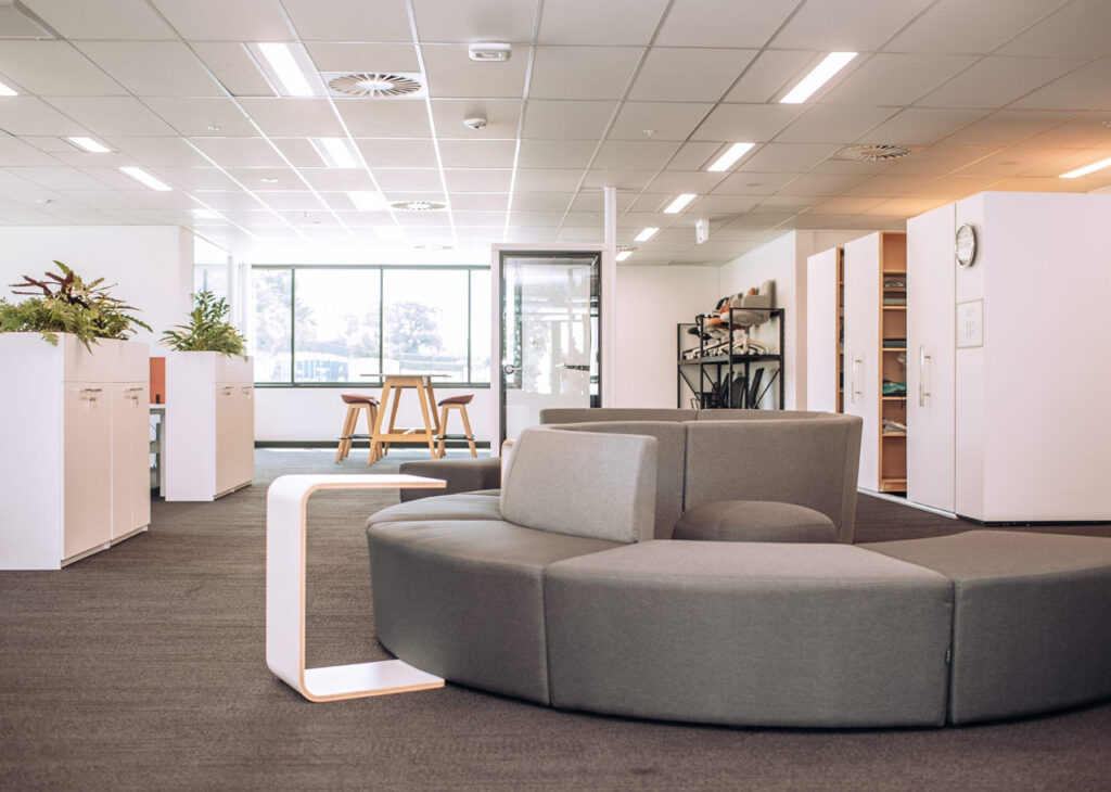 Curved modular seating within the ACCO workplace and product showroom.