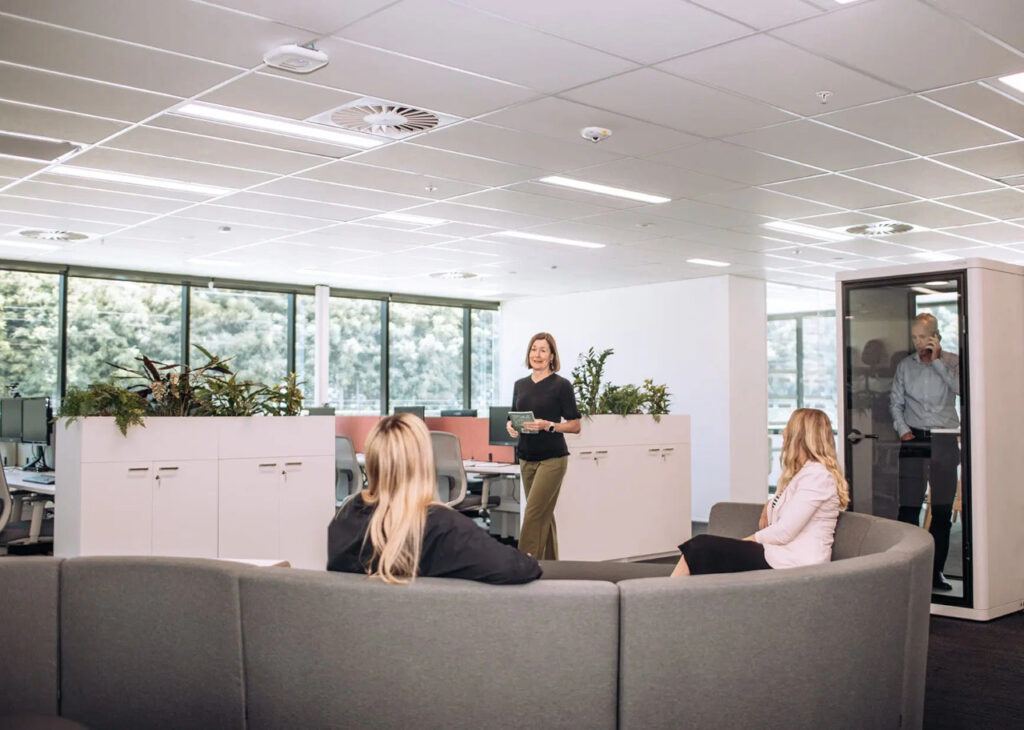 Curved collaborative seating within the ACCO Auckland office and showroom.