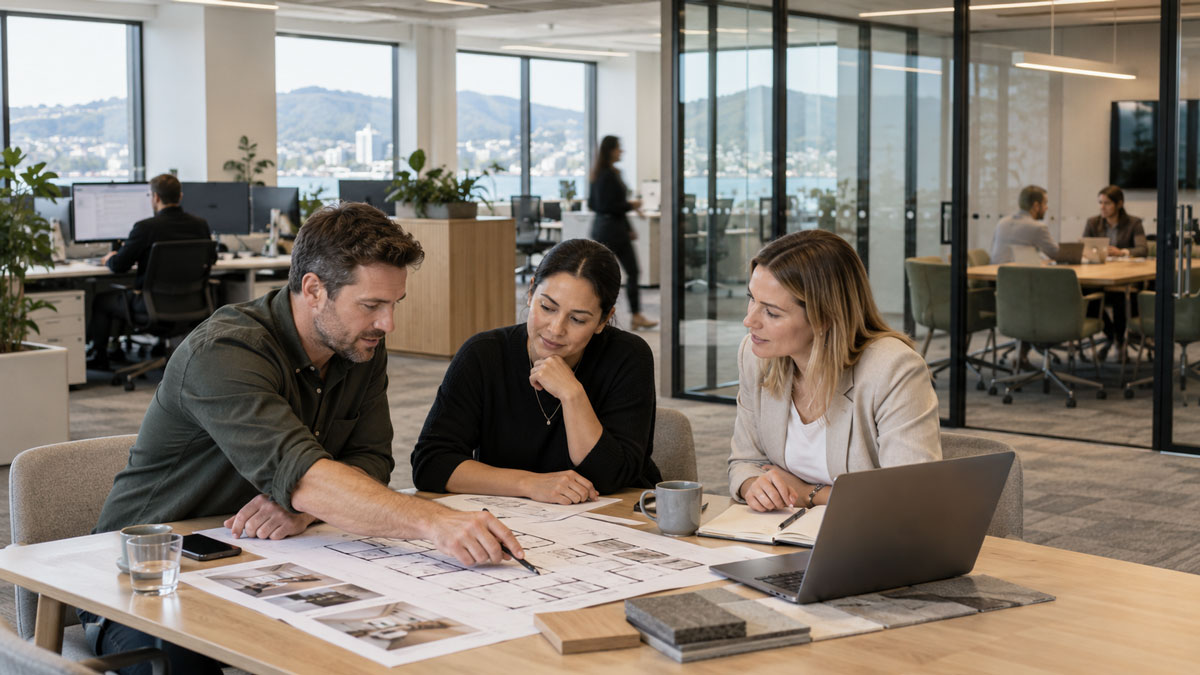 Workplace design team reviewing office floor plans, material samples and project requirements in a modern commercial office.